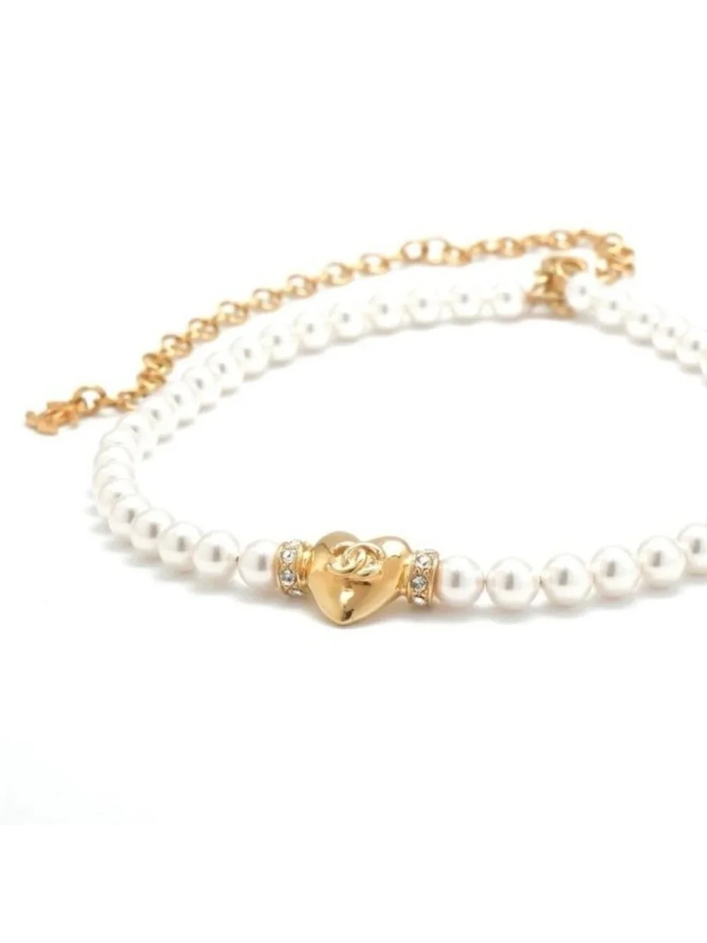Chanel Choker White Gold Heart Coco Mark Rhinestone